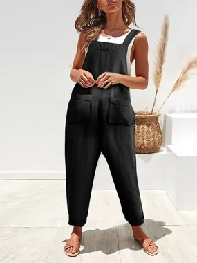 Maternity Casual Solid Pocket Cotton And Linen Suspender Jumpsuit