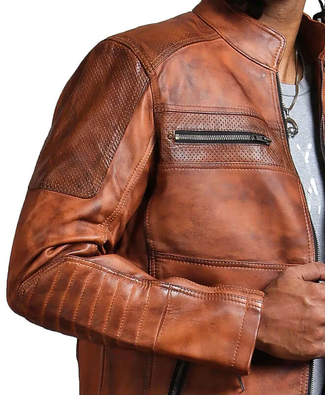 Men’s Brown Perforated Leather Biker Jacket