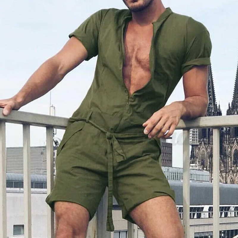 Men's Casual Solid Color Short Sleeve Jumpsuit 38137529Y