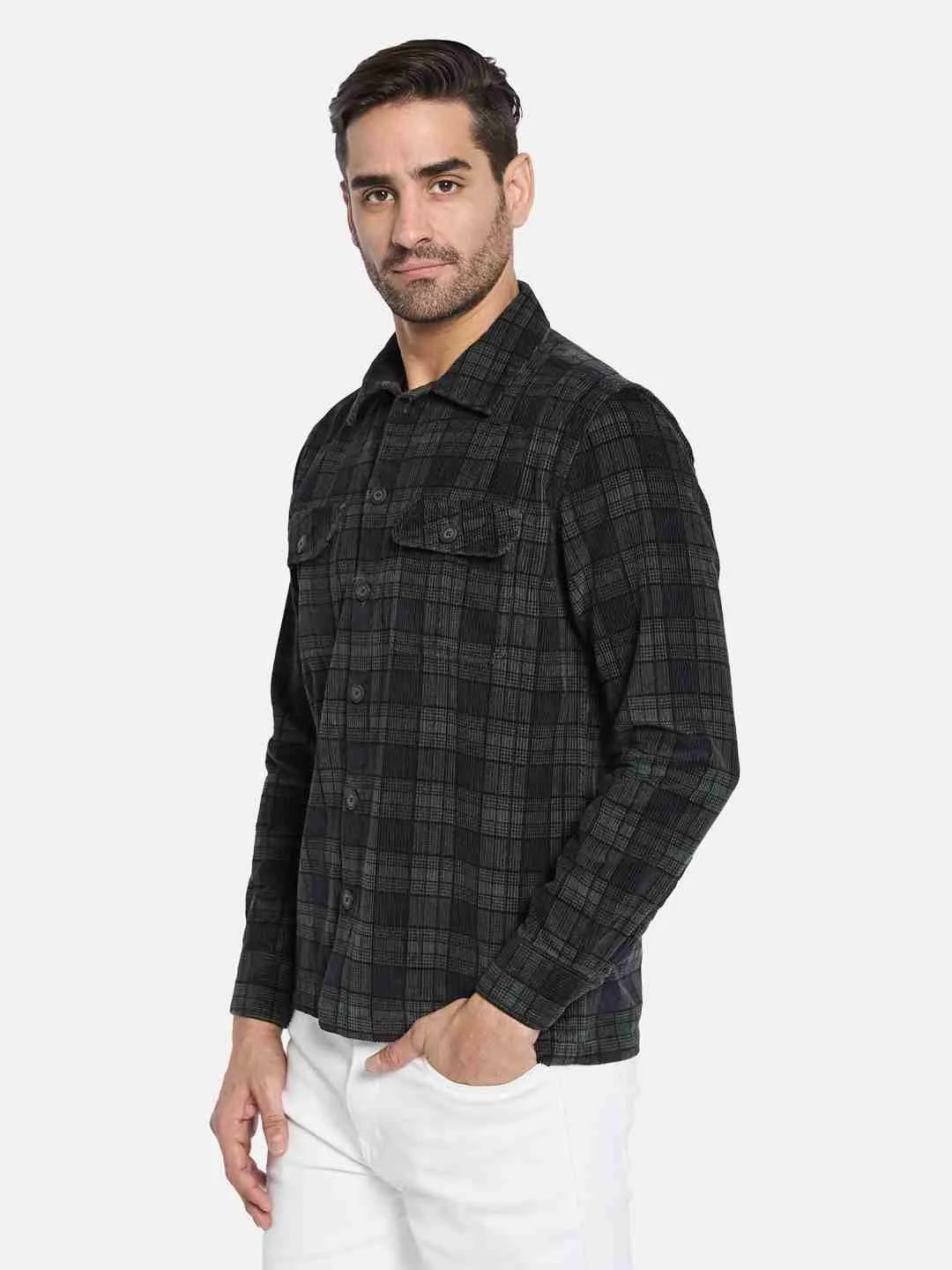 METTLE Men Spread Collar Tartan Checked Casual Shirt