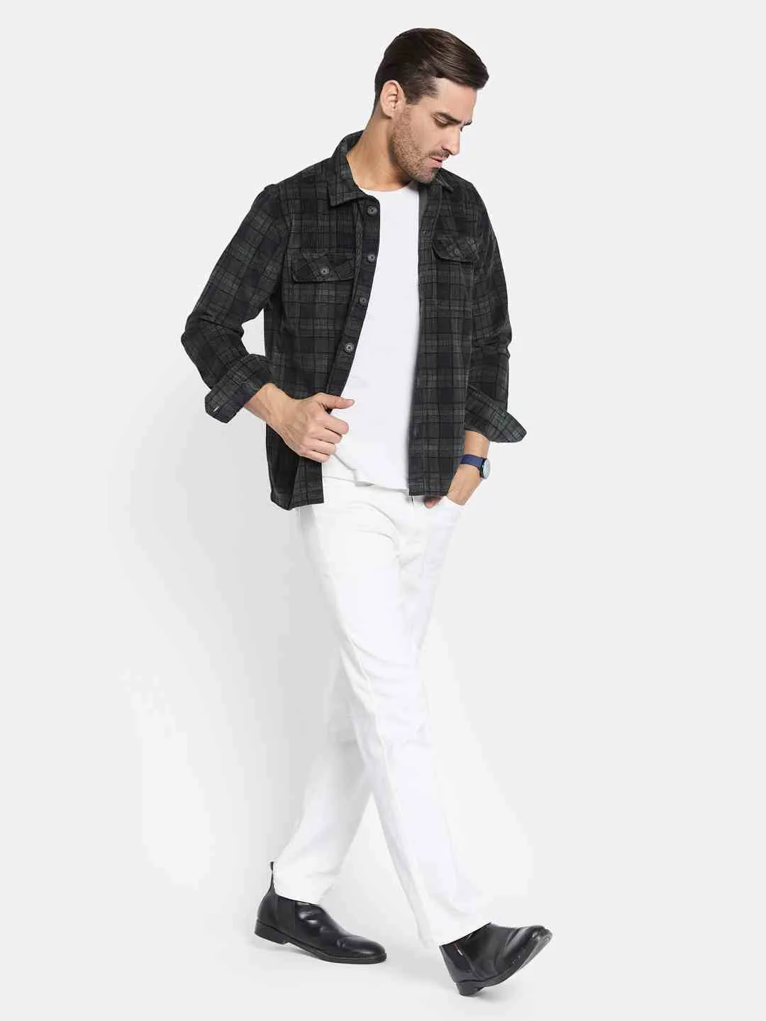 METTLE Men Spread Collar Tartan Checked Casual Shirt