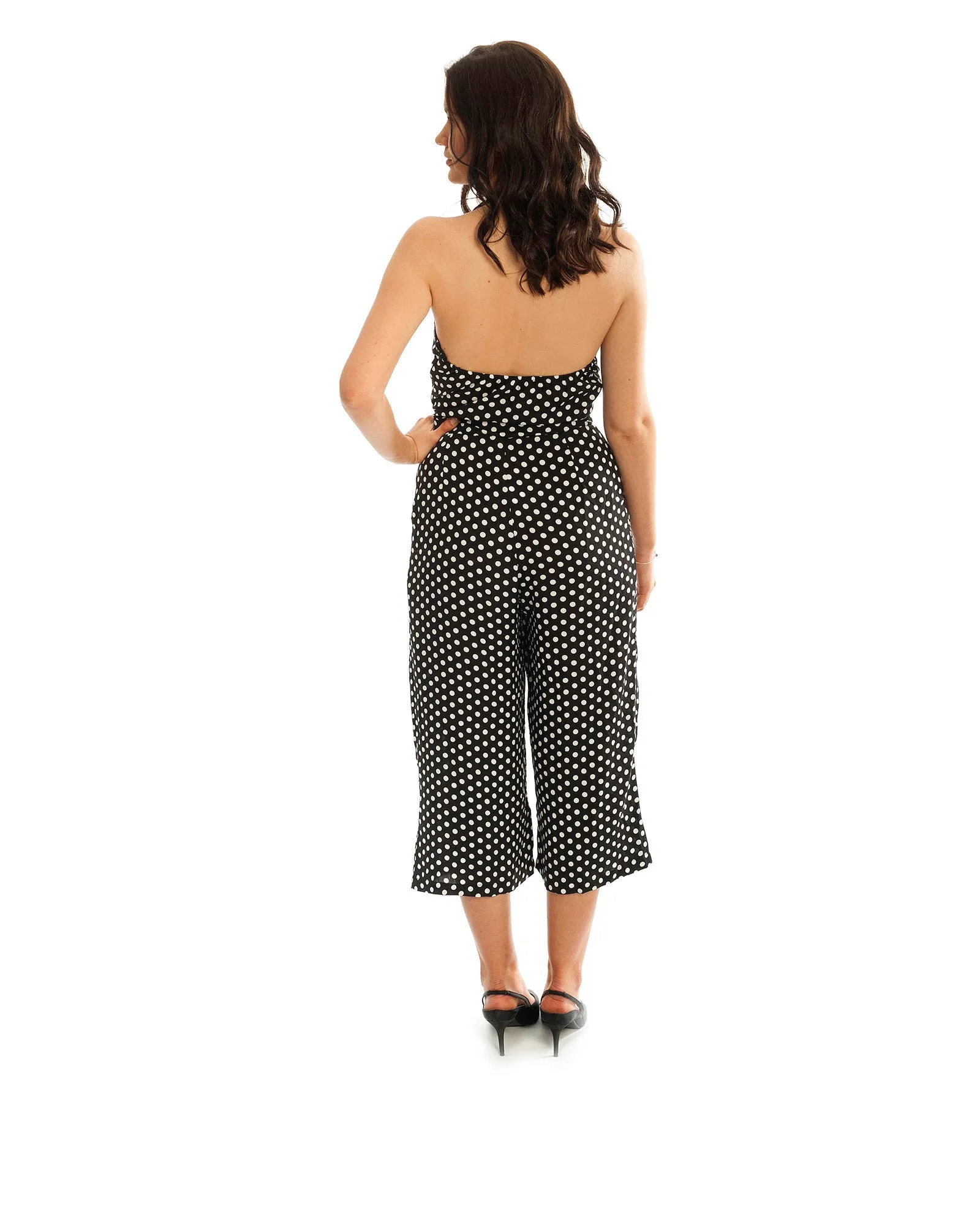 MONOCHROME POLKA DOT V NECK JUMPSUIT