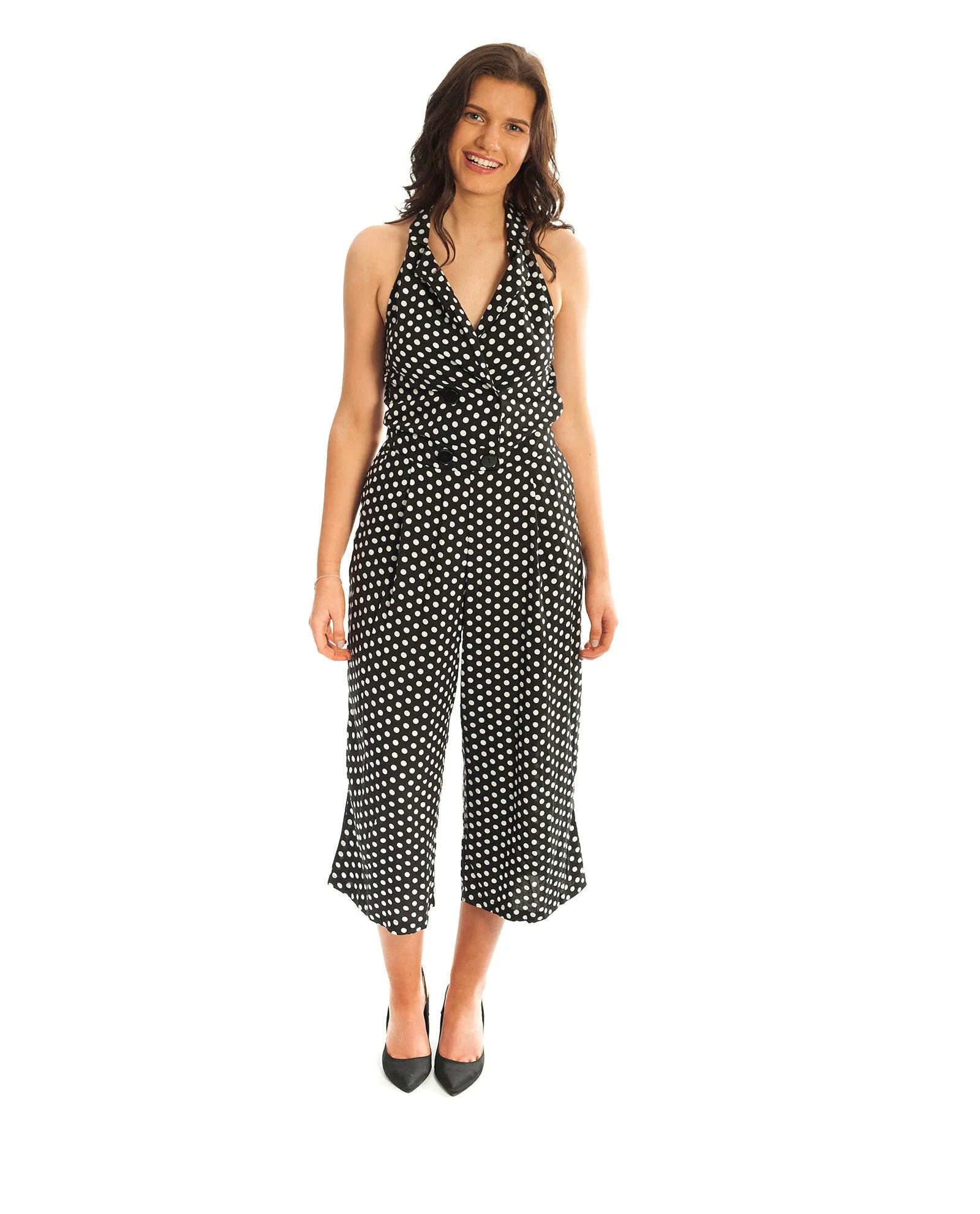 MONOCHROME POLKA DOT V NECK JUMPSUIT