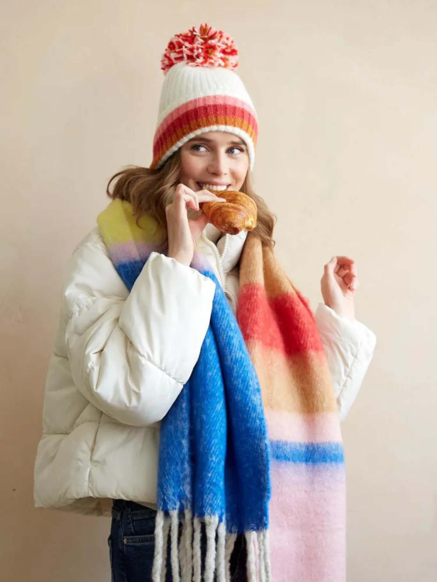Multicolor Border Winter Knit Beanie - Shiraleah