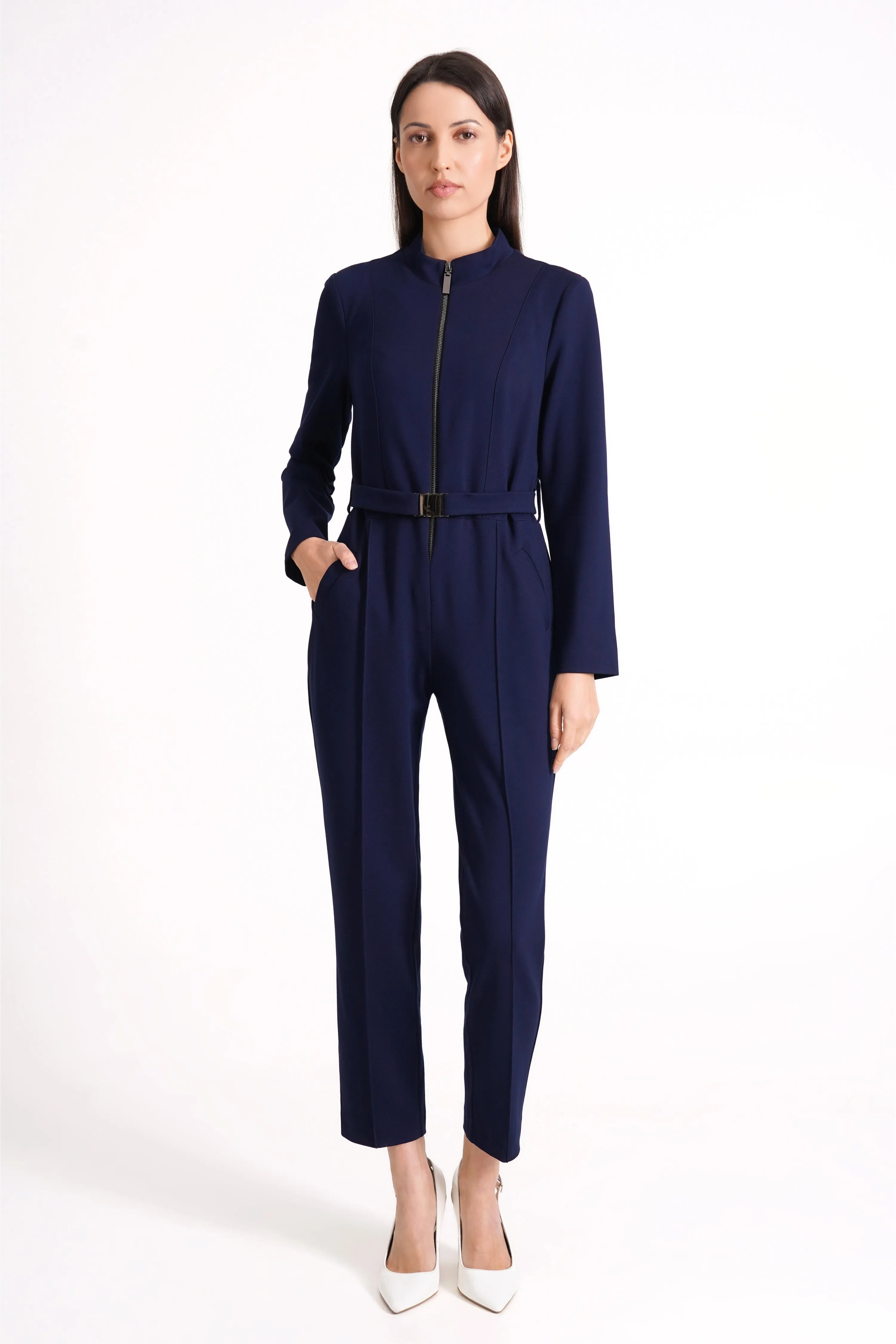 Navy high neck jumpsuit with sleeves