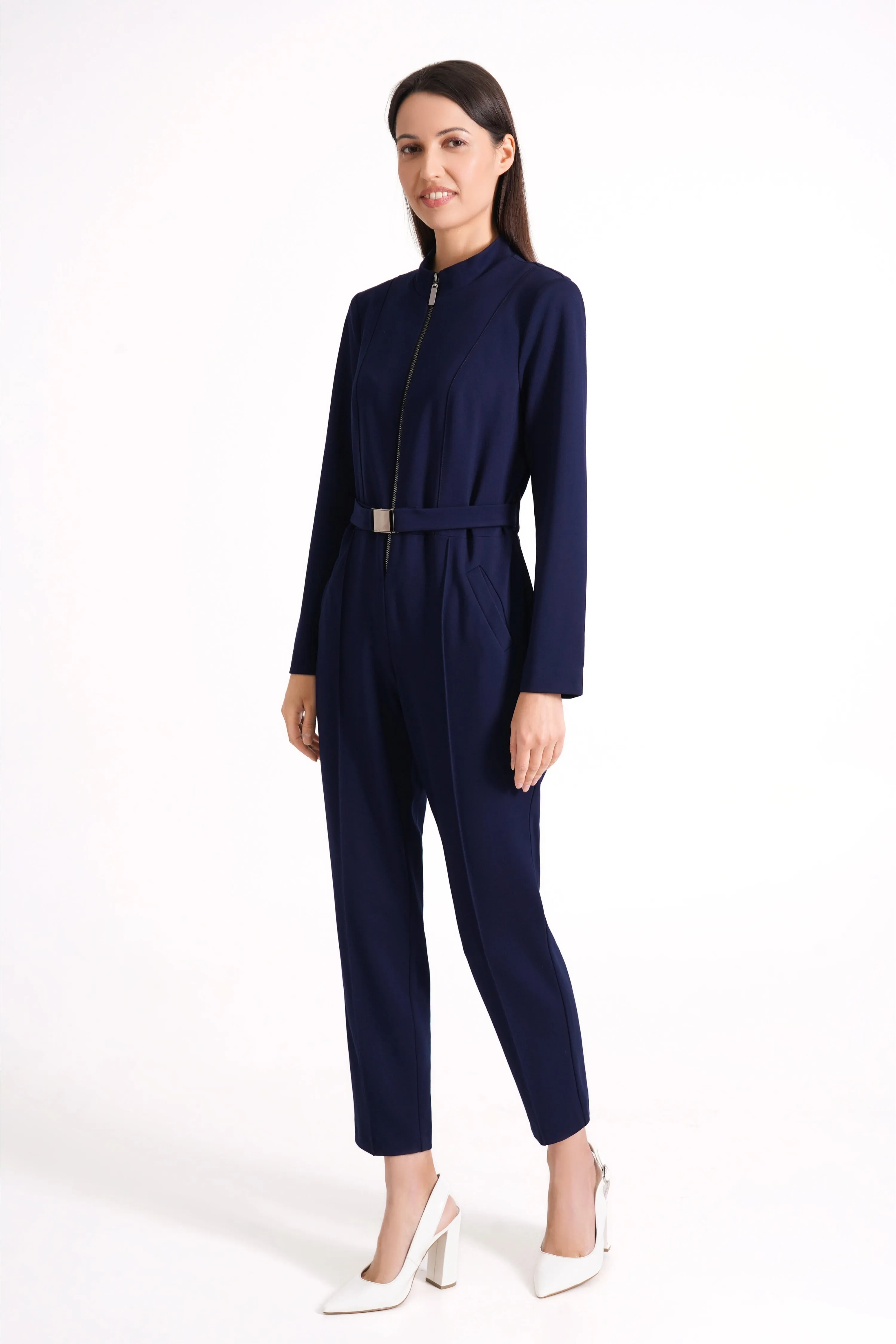 Navy high neck jumpsuit with sleeves