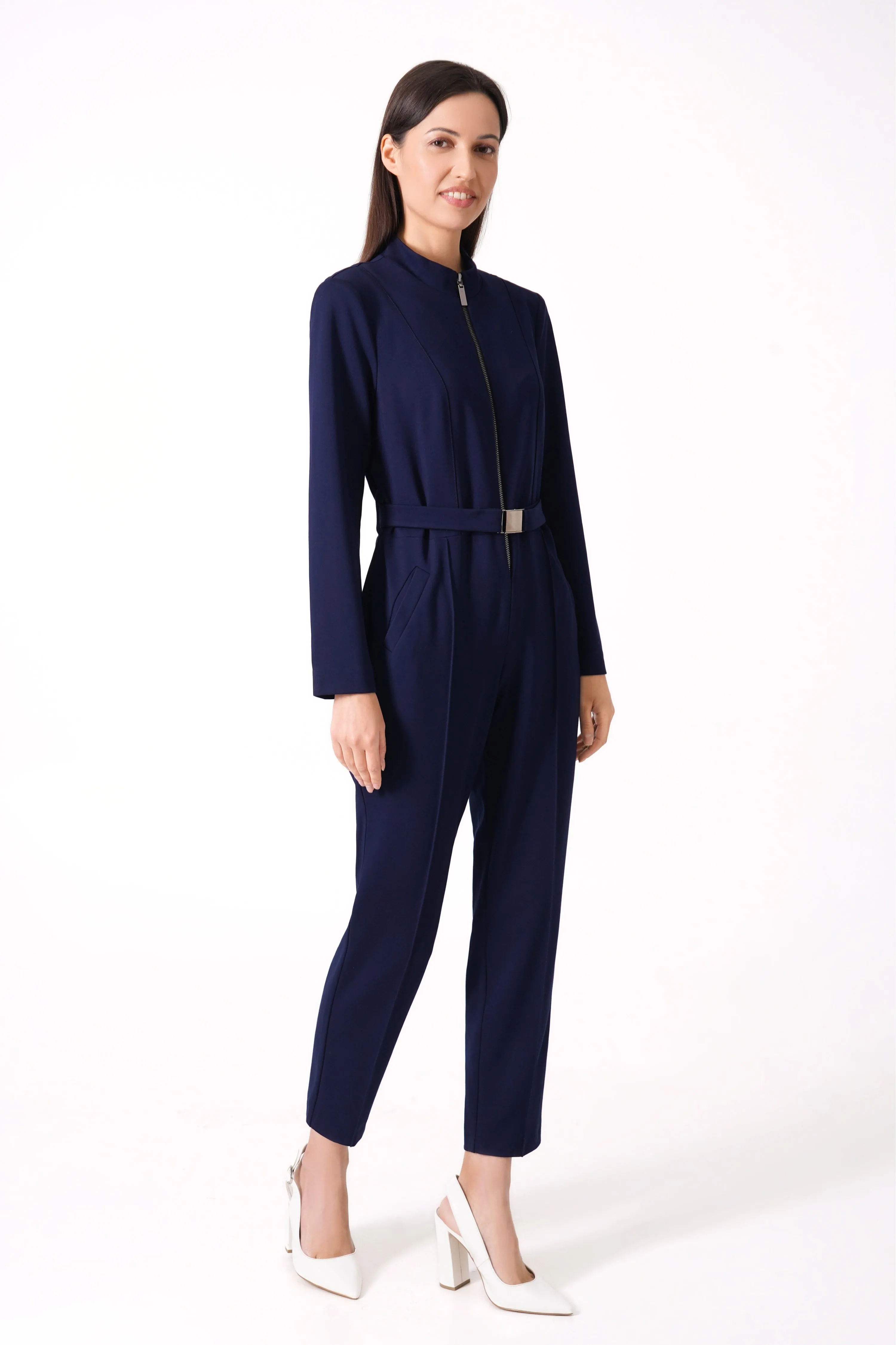 Navy high neck jumpsuit with sleeves