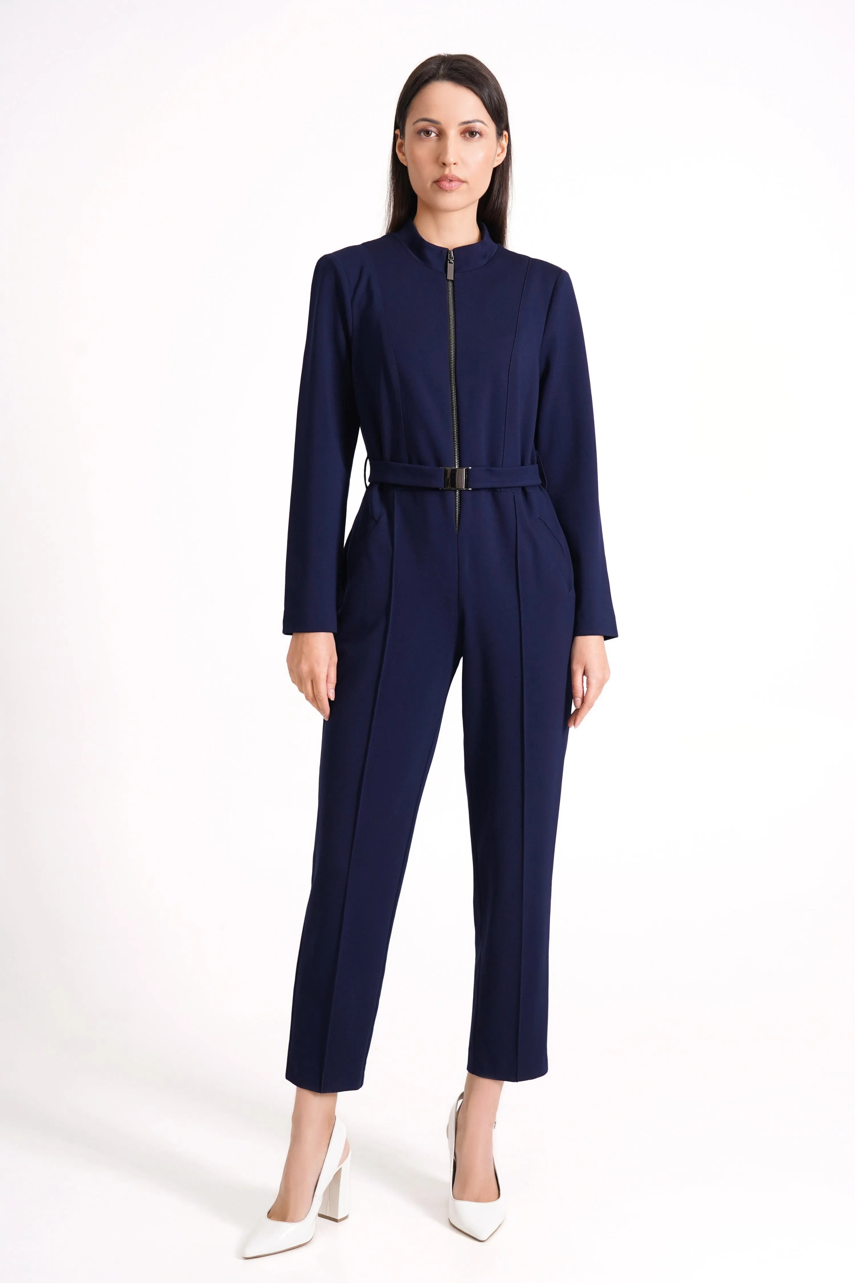 Navy high neck jumpsuit with sleeves