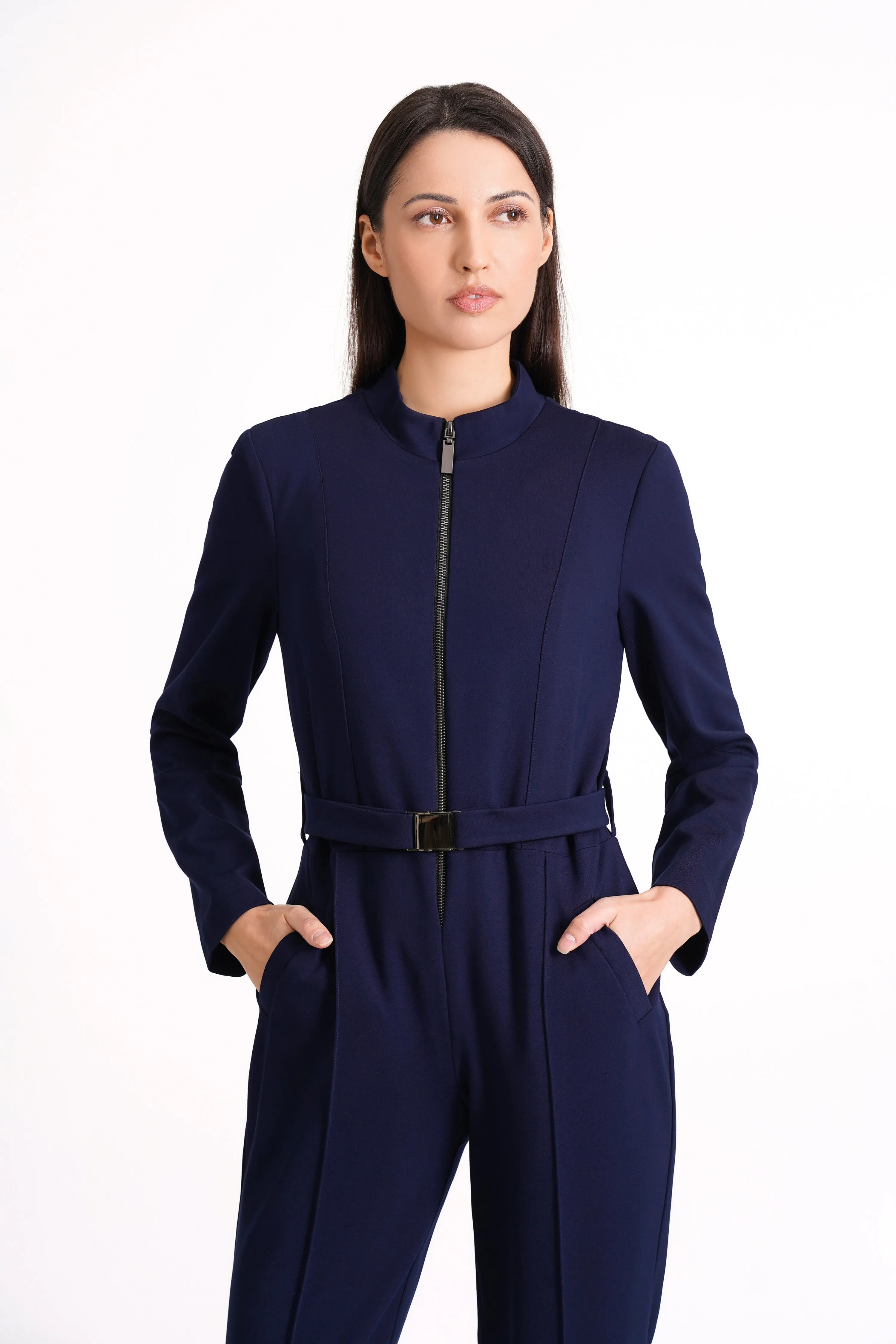 Navy high neck jumpsuit with sleeves