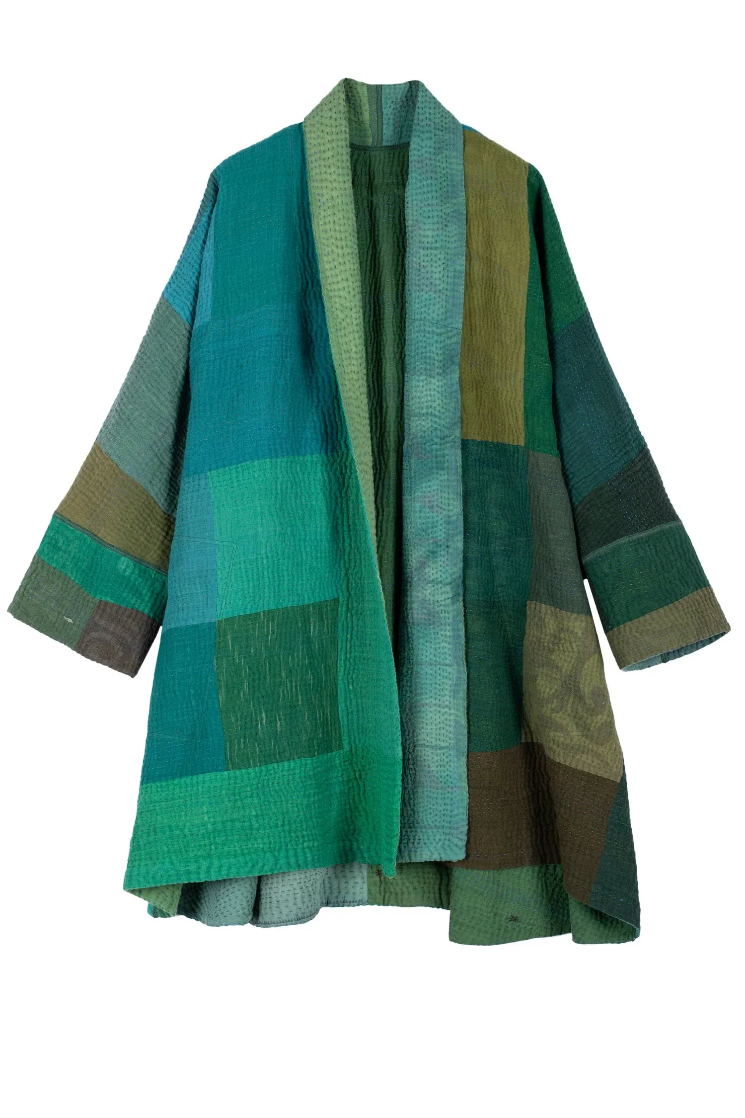 OMBRE PATCHED KANTHA KIMONO LONG JKT - op4005-grn -