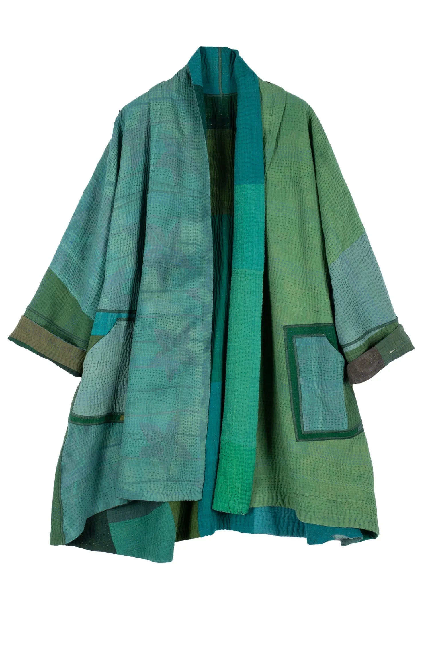 OMBRE PATCHED KANTHA KIMONO LONG JKT - op4005-grn -