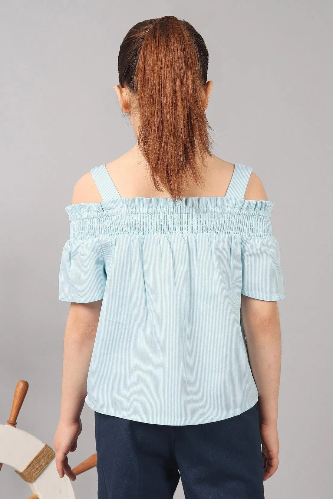 One Friday Kids Girls Pastel Stripe Cotton Ruffle Sleeves Smocked Neckline Cold Shoulder Top