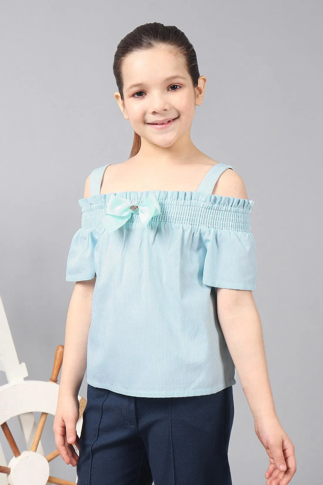 One Friday Kids Girls Pastel Stripe Cotton Ruffle Sleeves Smocked Neckline Cold Shoulder Top