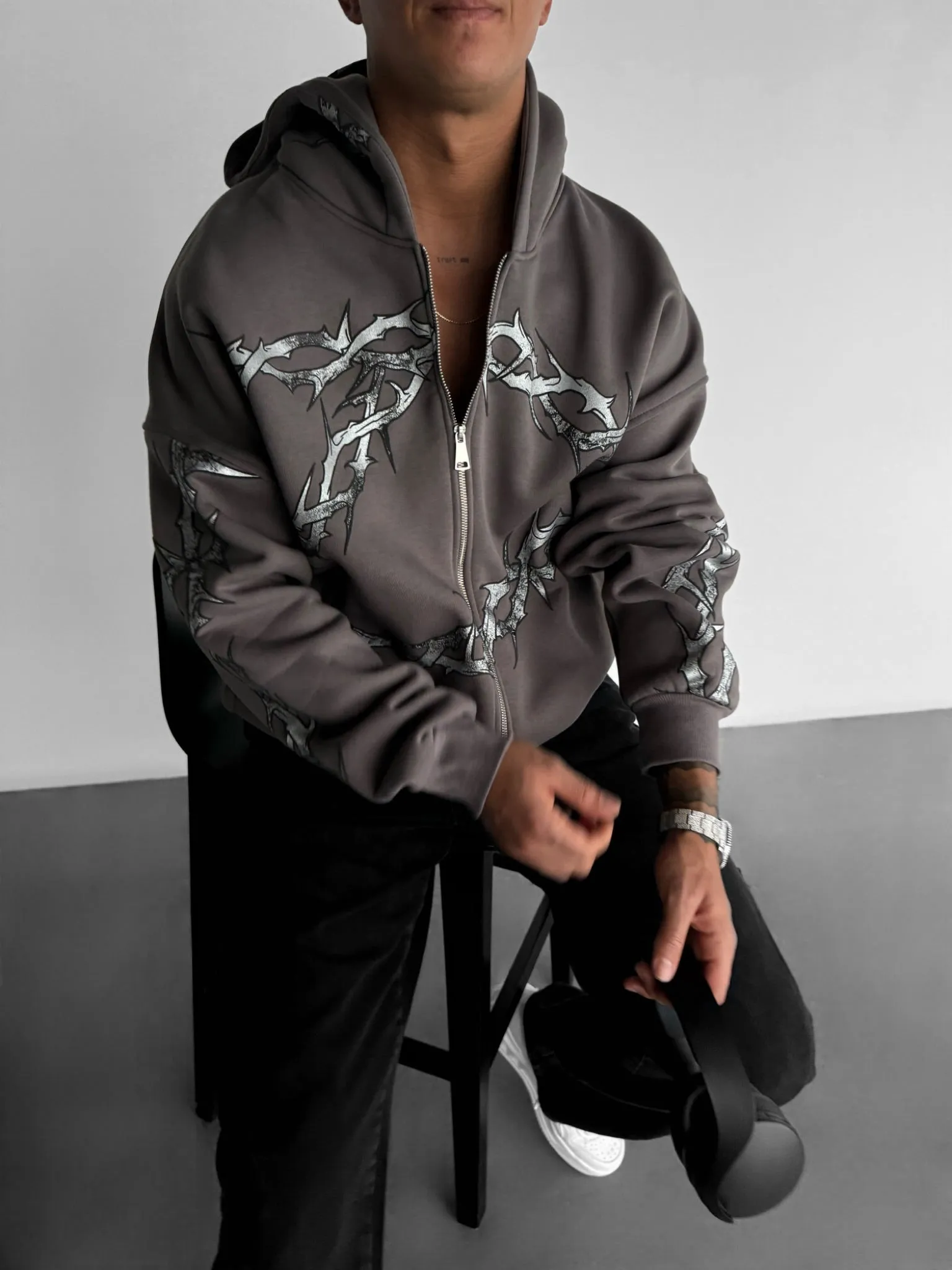 Oversize Wire Zipper Hoodie - Anthracite