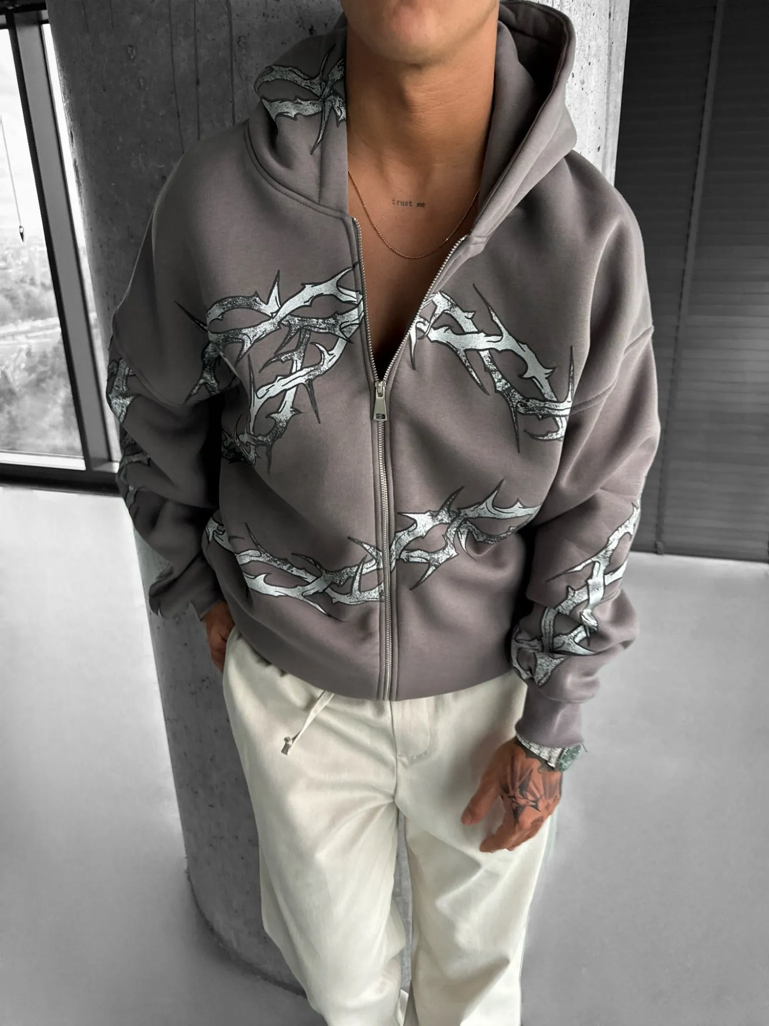 Oversize Wire Zipper Hoodie - Anthracite