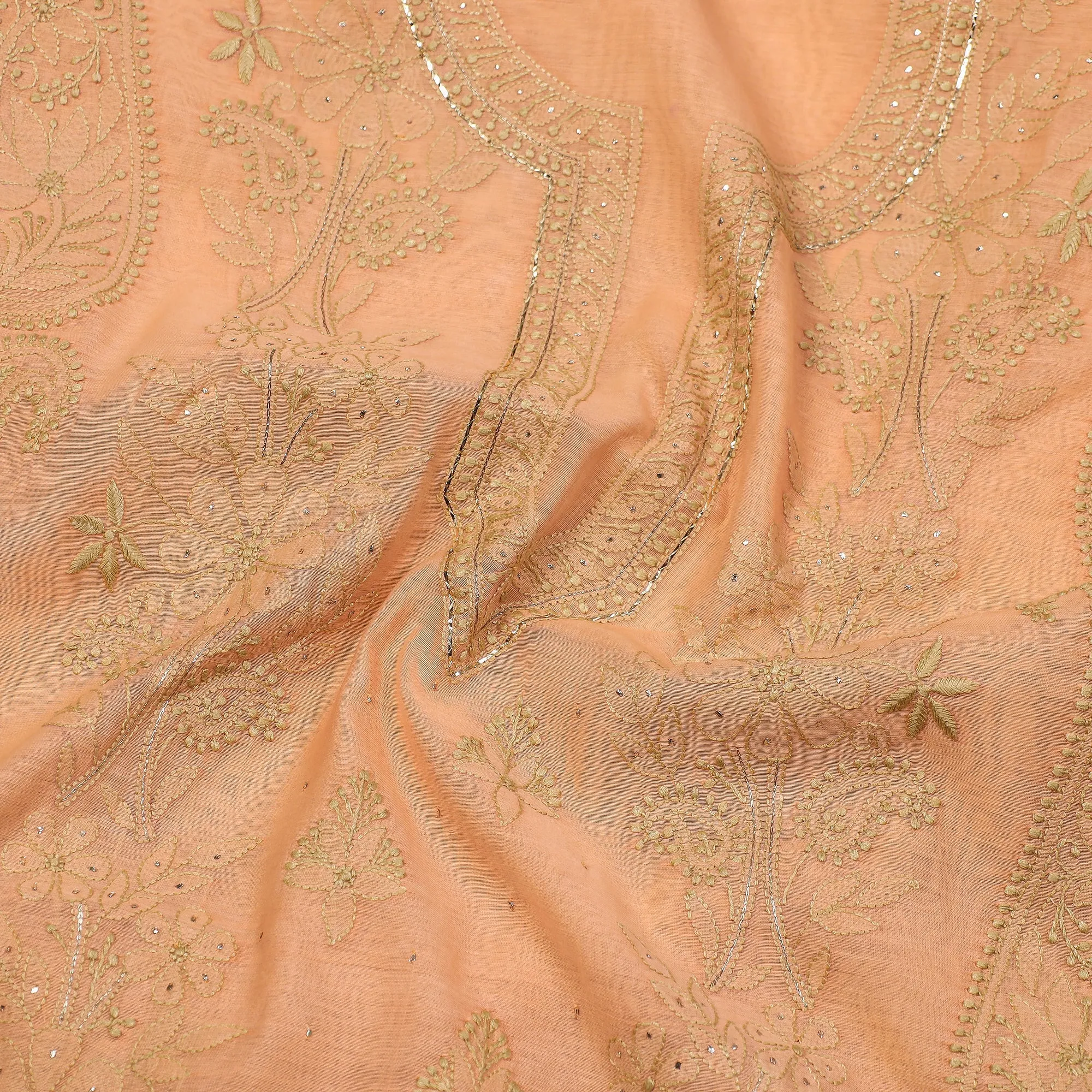 Peach - 2pc Lucknow Chikankari Mukaish Hand Embroidery Chanderi Silk Suit Material Set