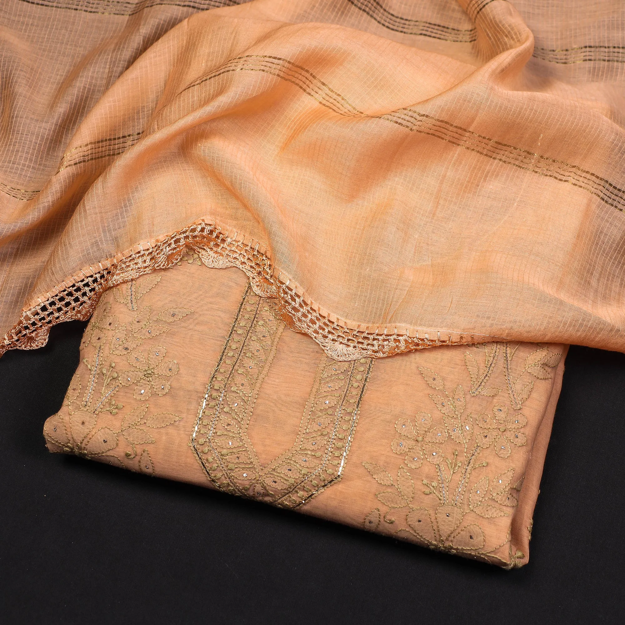 Peach - 2pc Lucknow Chikankari Mukaish Hand Embroidery Chanderi Silk Suit Material Set