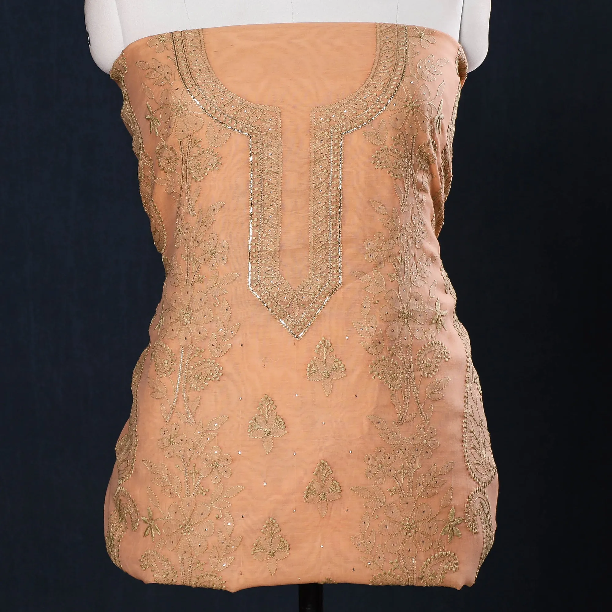 Peach - 2pc Lucknow Chikankari Mukaish Hand Embroidery Chanderi Silk Suit Material Set