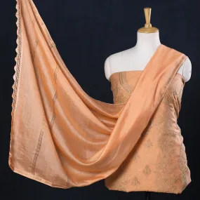 Peach - 2pc Lucknow Chikankari Mukaish Hand Embroidery Chanderi Silk Suit Material Set
