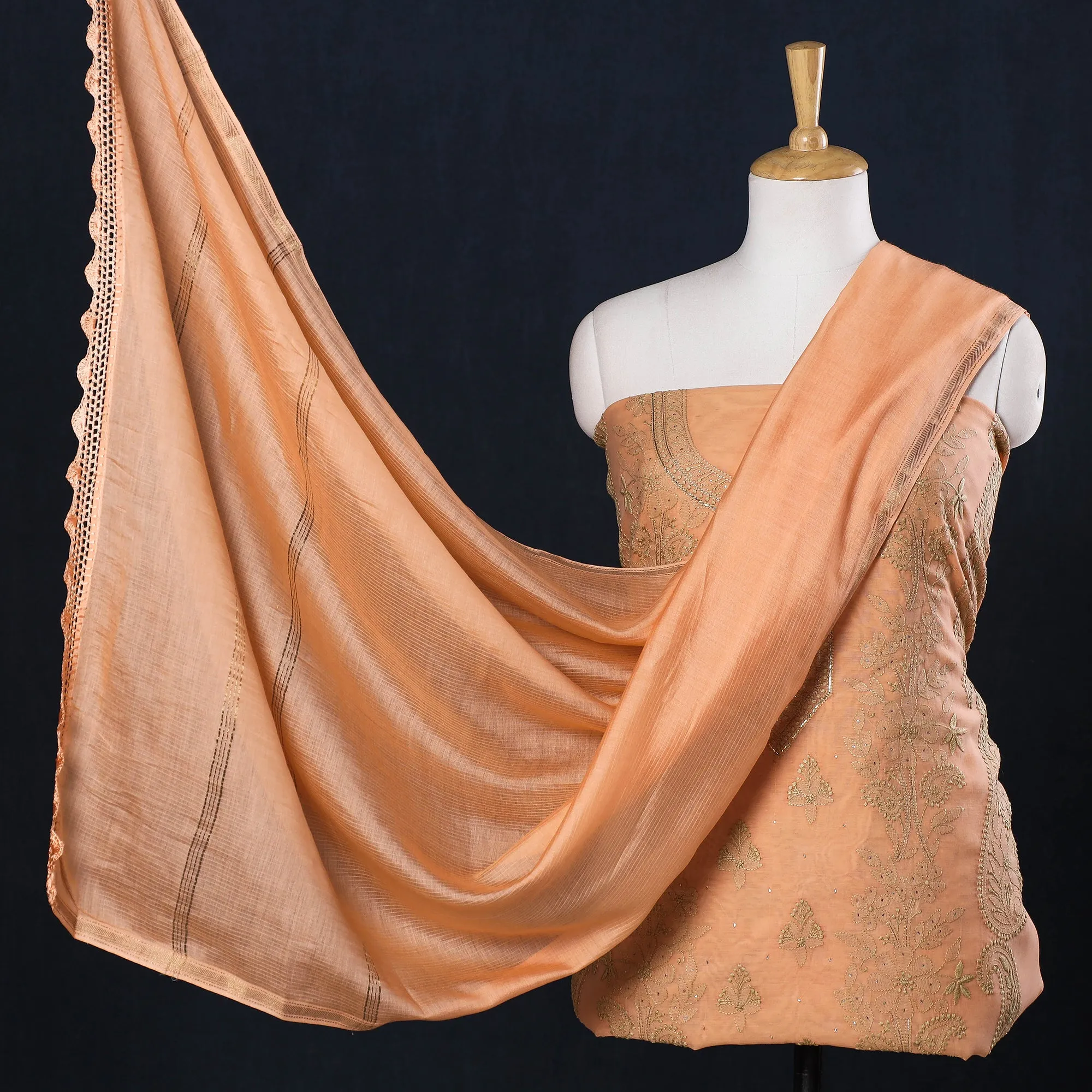 Peach - 2pc Lucknow Chikankari Mukaish Hand Embroidery Chanderi Silk Suit Material Set