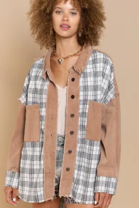POL Oversized Distressed Edge Detail Plaid Shacket