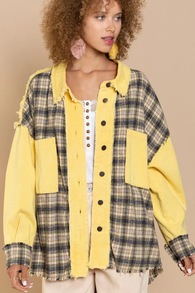 POL Oversized Distressed Edge Detail Plaid Shacket