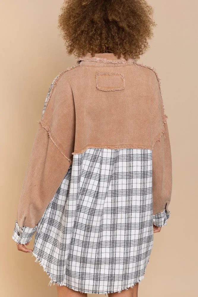 POL Oversized Distressed Edge Detail Plaid Shacket