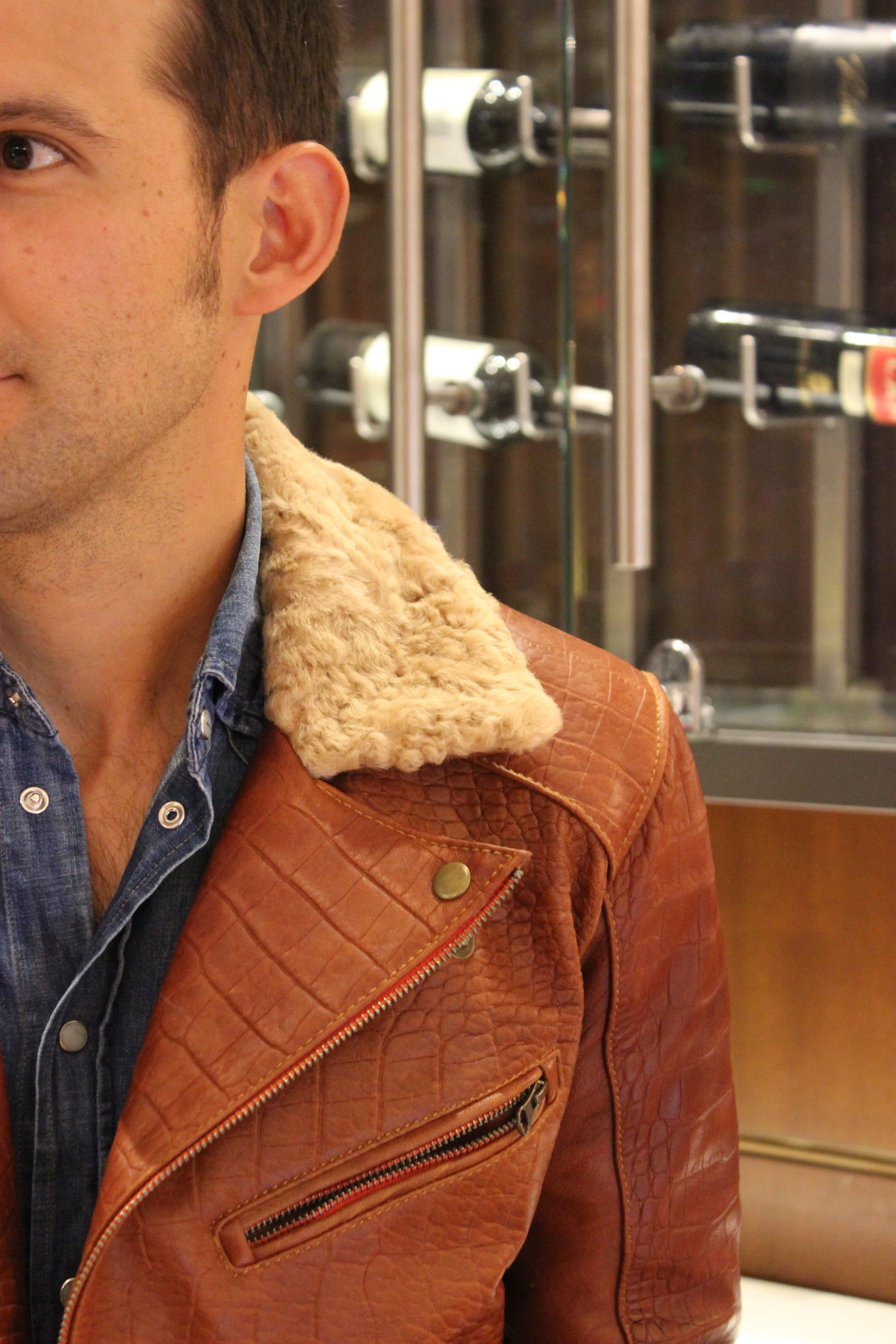 POLO Embossed Leather Jacket Amber Reptile Limited- Shearling
