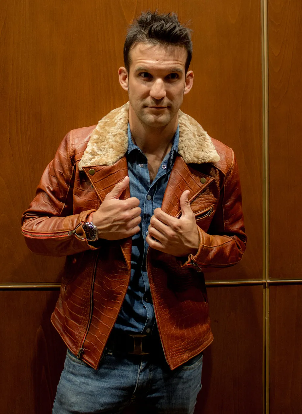 POLO Embossed Leather Jacket Amber Reptile Limited- Shearling