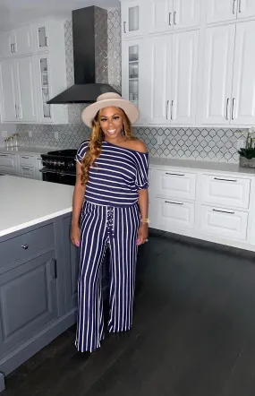 "Chill Day" Striped Jumpsuit (Navy)