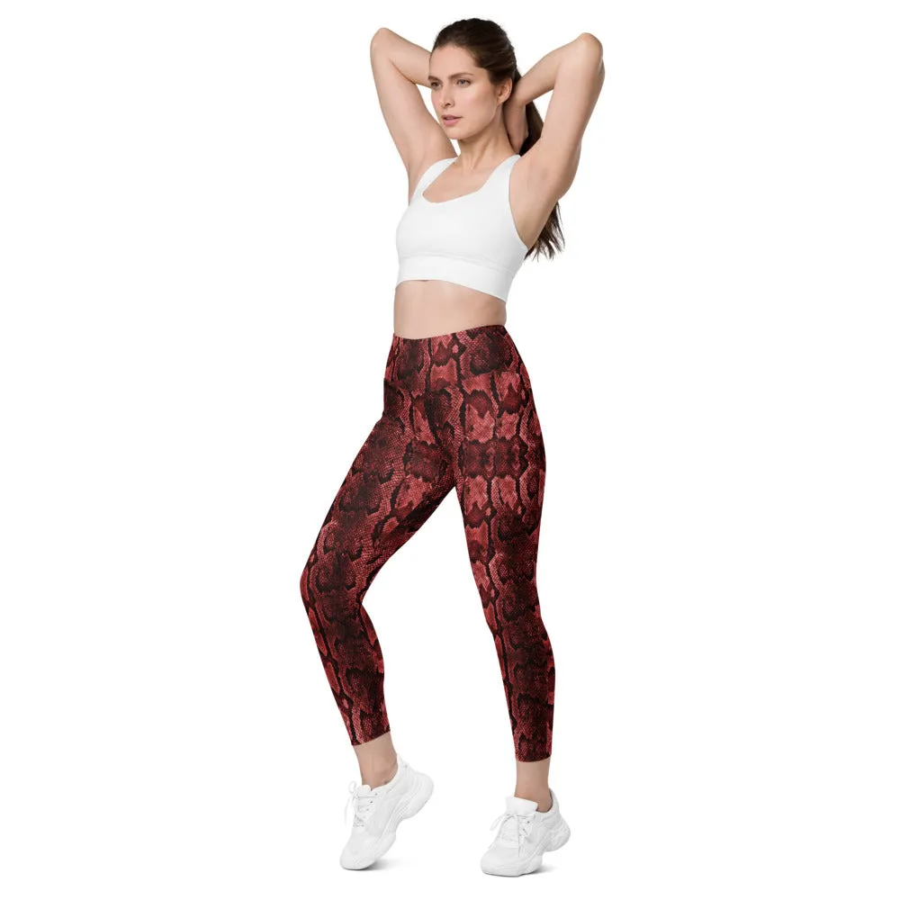 Red Snake Print Tights, Women's 7/8 Leggings With 2 Side Pockets - Made in USA/EU/MX