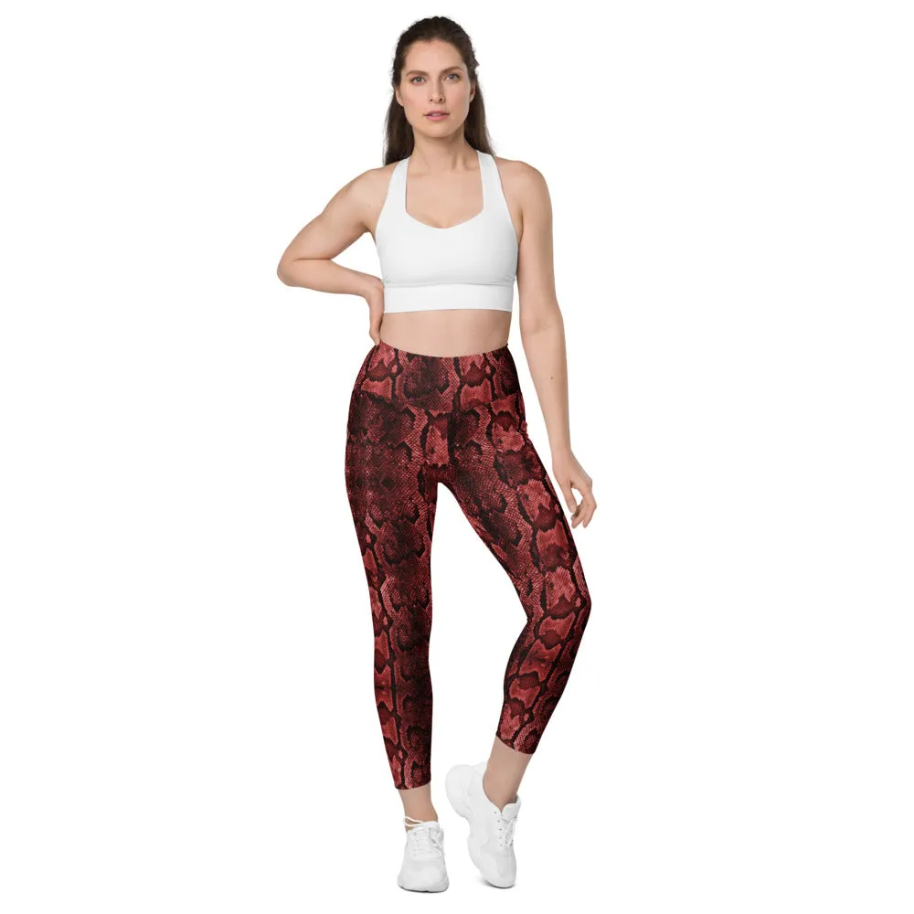 Red Snake Print Tights, Women's 7/8 Leggings With 2 Side Pockets - Made in USA/EU/MX