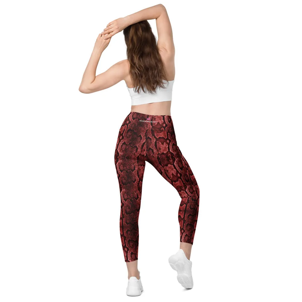 Red Snake Print Tights, Women's 7/8 Leggings With 2 Side Pockets - Made in USA/EU/MX