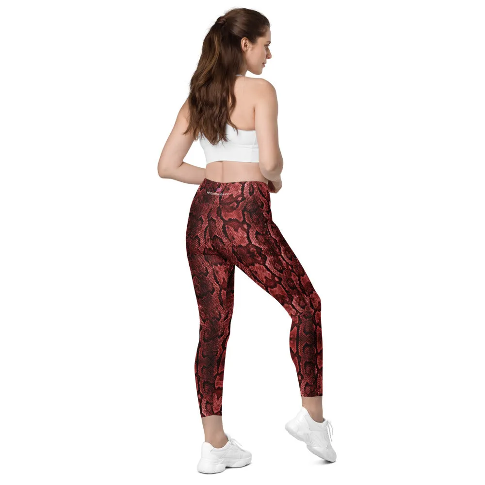 Red Snake Print Tights, Women's 7/8 Leggings With 2 Side Pockets - Made in USA/EU/MX