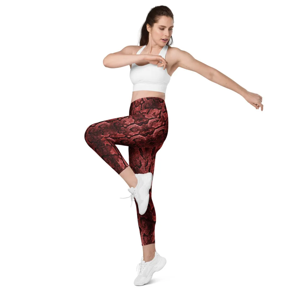 Red Snake Print Tights, Women's 7/8 Leggings With 2 Side Pockets - Made in USA/EU/MX