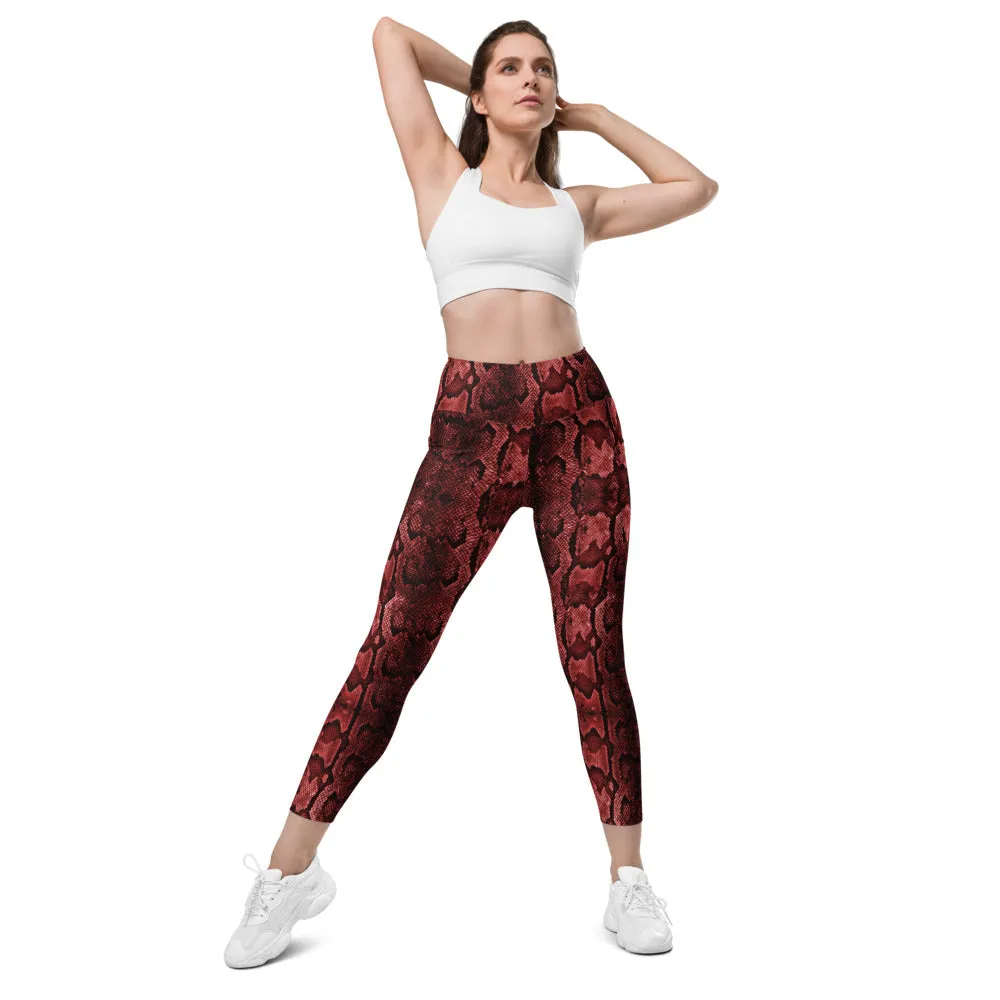 Red Snake Print Tights, Women's 7/8 Leggings With 2 Side Pockets - Made in USA/EU/MX