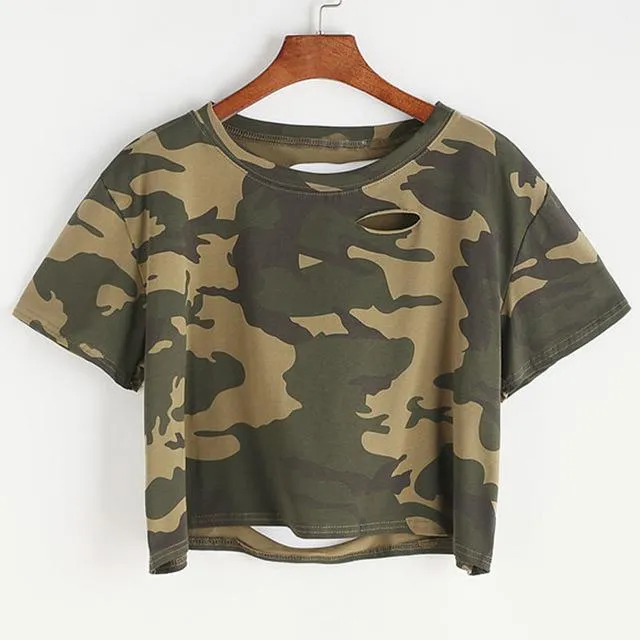 Ripped Camouflage round neck top
