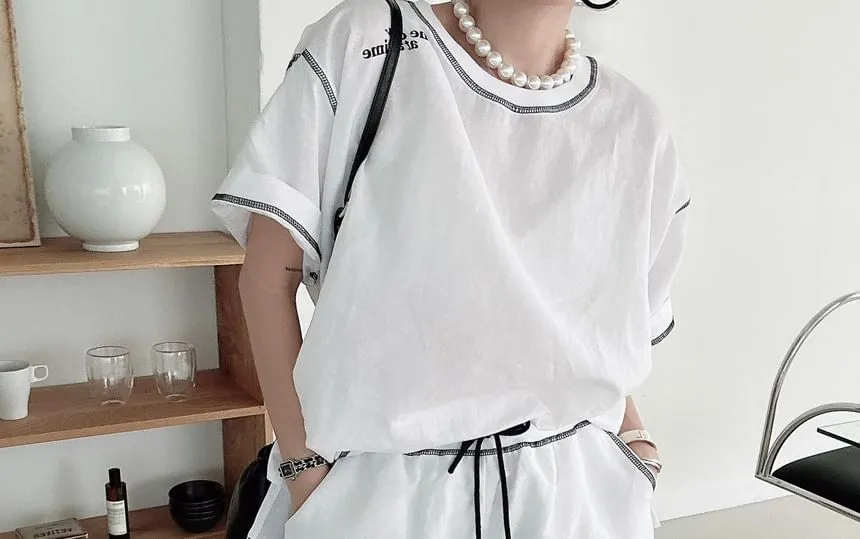 Set: Elbow-Sleeve Crewneck Plain T-Shirt   Shorts