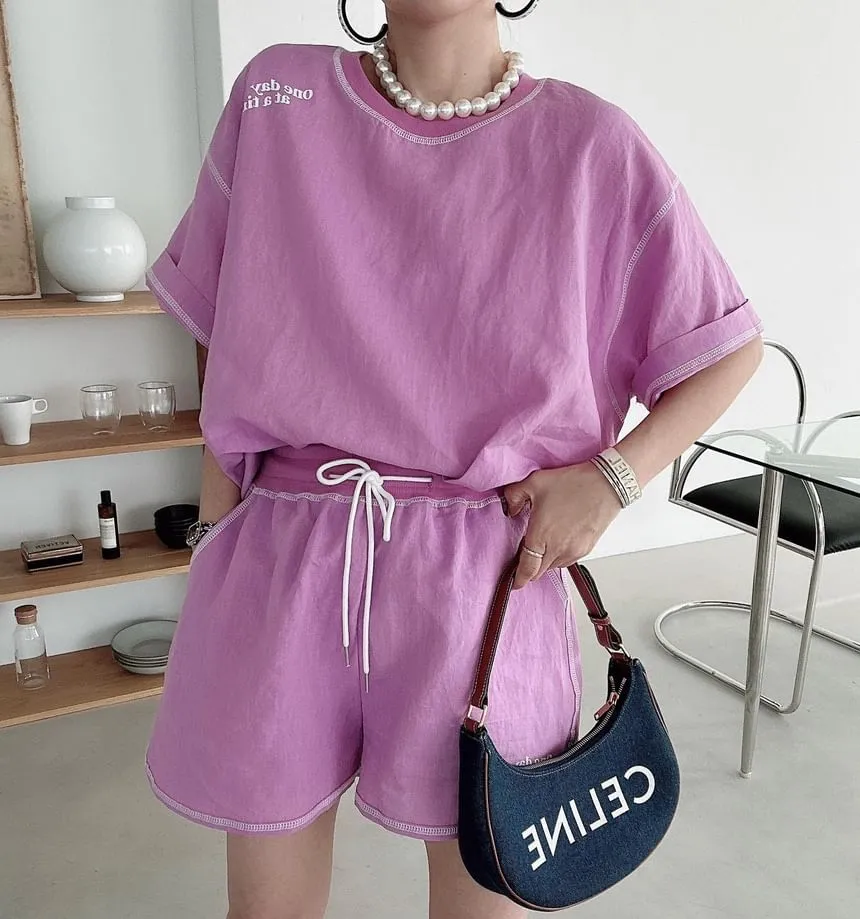 Set: Elbow-Sleeve Crewneck Plain T-Shirt   Shorts
