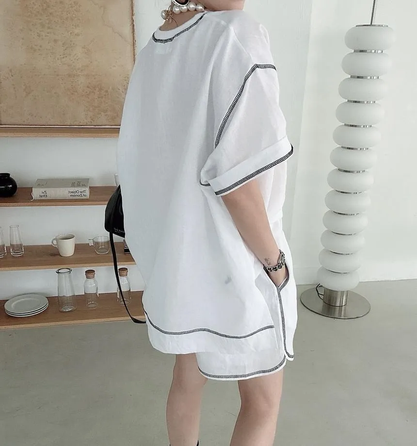 Set: Elbow-Sleeve Crewneck Plain T-Shirt   Shorts