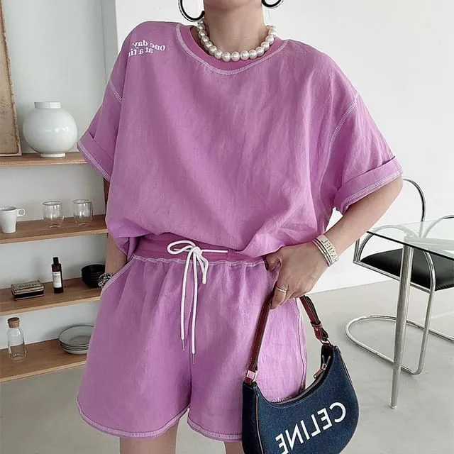 Set: Elbow-Sleeve Crewneck Plain T-Shirt   Shorts