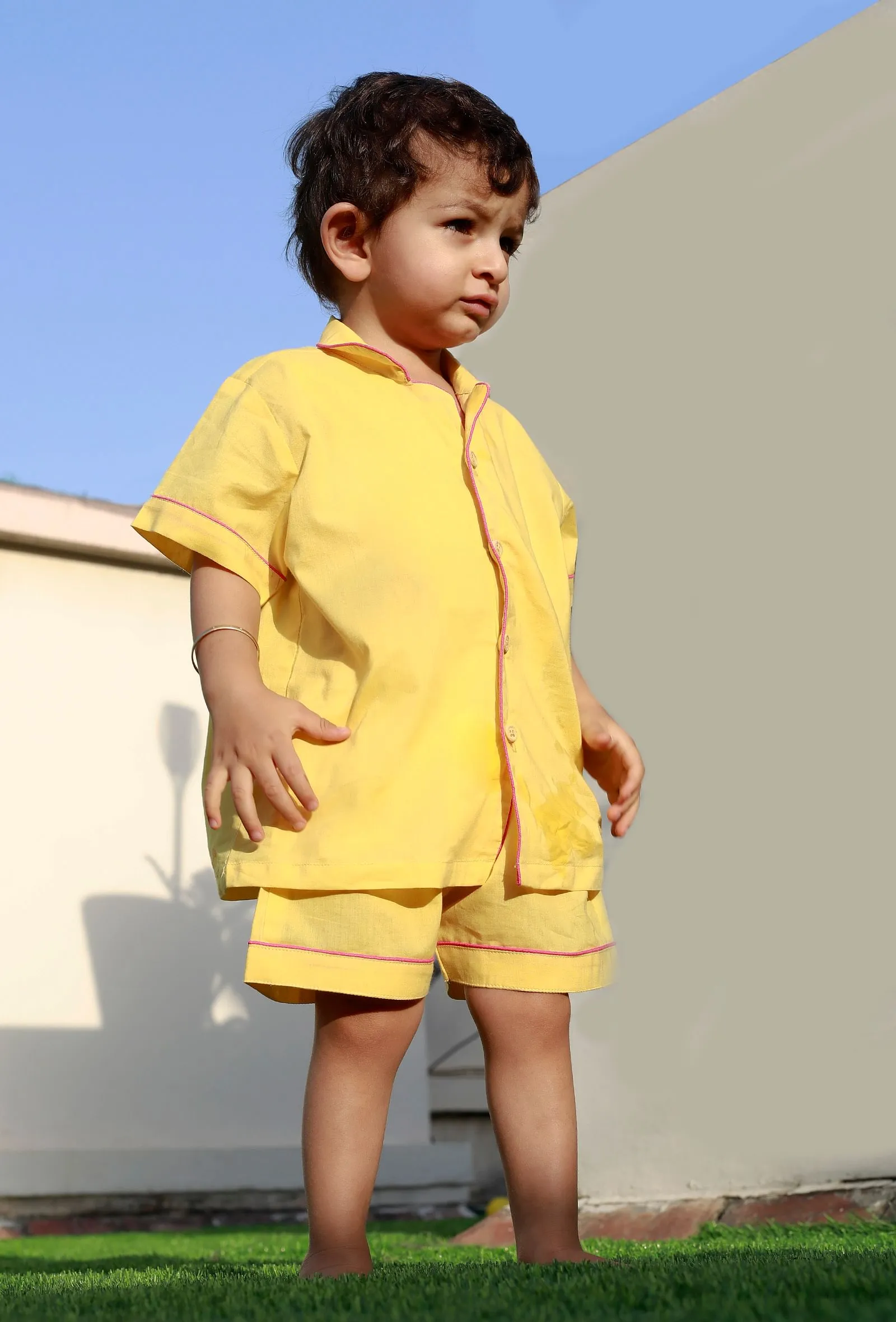 Set Of 2: Sunshine Yellow Cotton Shirt And Yellow Short