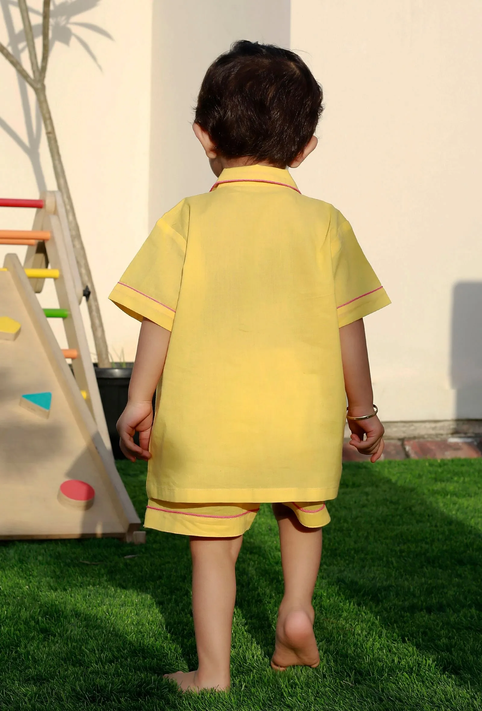 Set Of 2: Sunshine Yellow Cotton Shirt And Yellow Short
