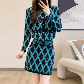 Set: Patterned Sweater   High Waist Knit Mini Straight Skirt