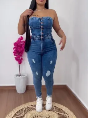 Sleeveless stretch jeans jumpsuit
