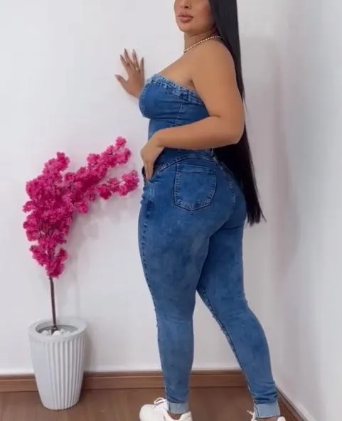 Sleeveless stretch jeans jumpsuit