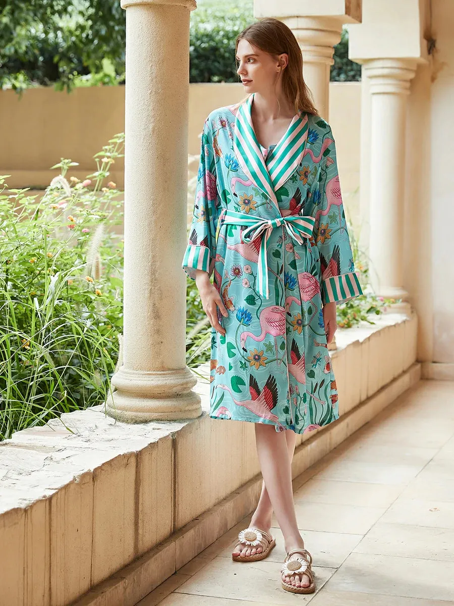 Slessic Satin Unique Stripe Flamingo Pattern Robe Slip Nightdress Set