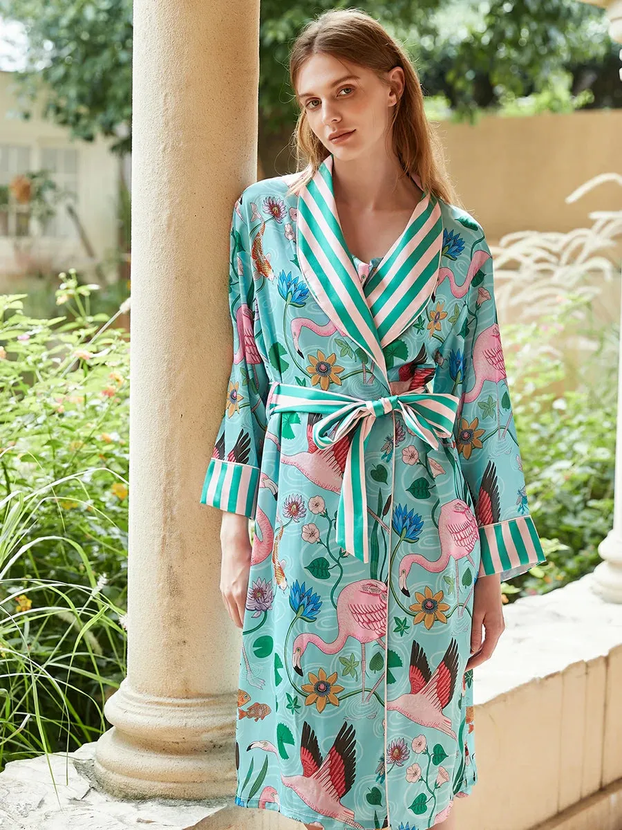Slessic Satin Unique Stripe Flamingo Pattern Robe Slip Nightdress Set