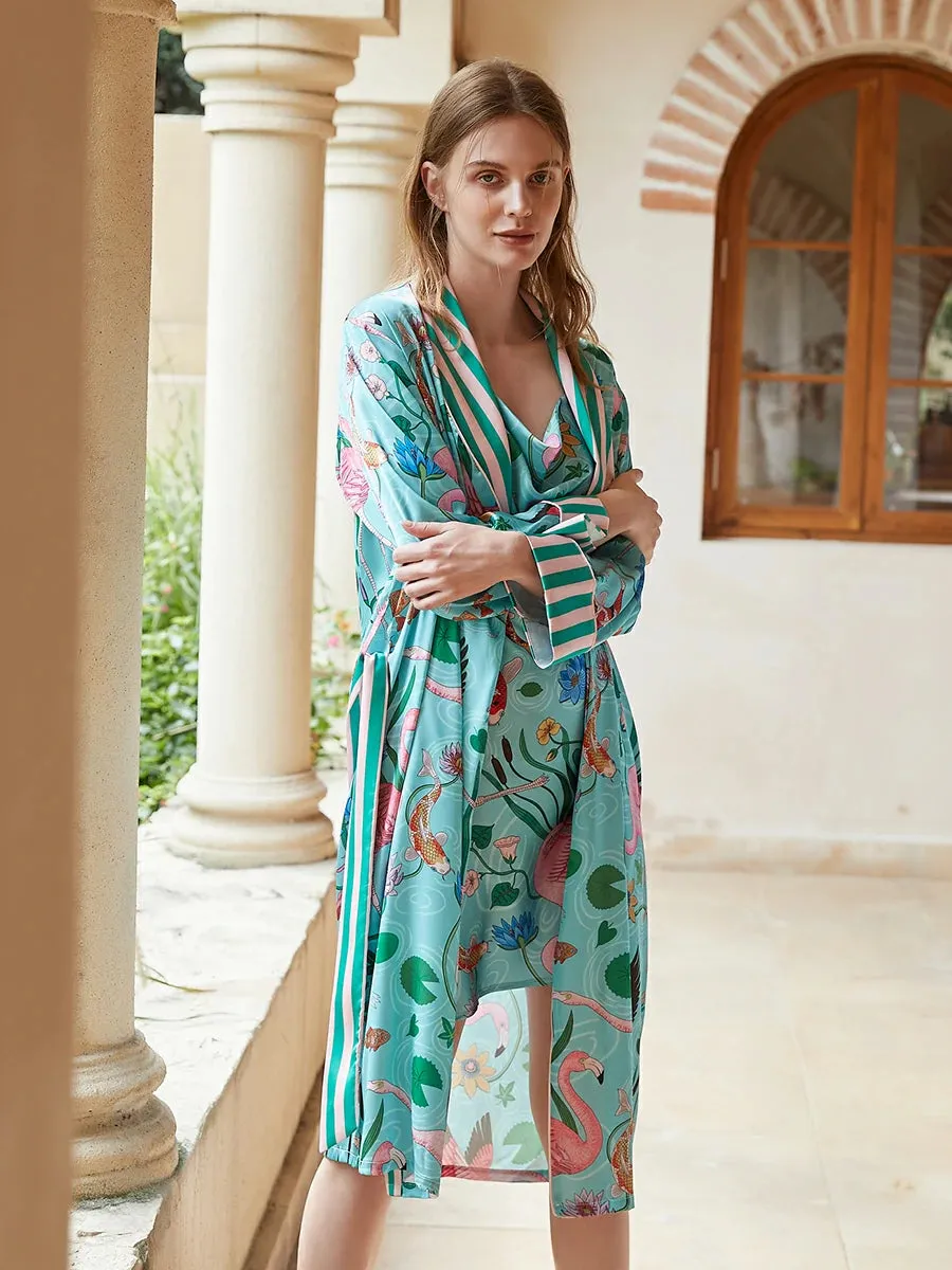 Slessic Satin Unique Stripe Flamingo Pattern Robe Slip Nightdress Set