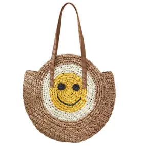 Smiley Face Rattan Wicker Round Beach Tote Bag